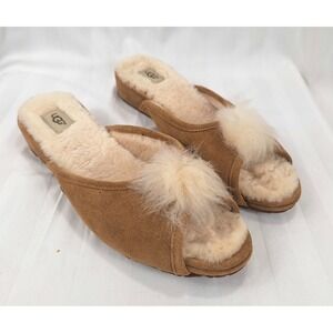 UGG Holly Suede Sheepskin Pom Pom Slides Chestnut Brown Womens 9